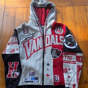 Heritage America Men's Worldwide Patch Zip Hoodie Red Gray Black Size Medium